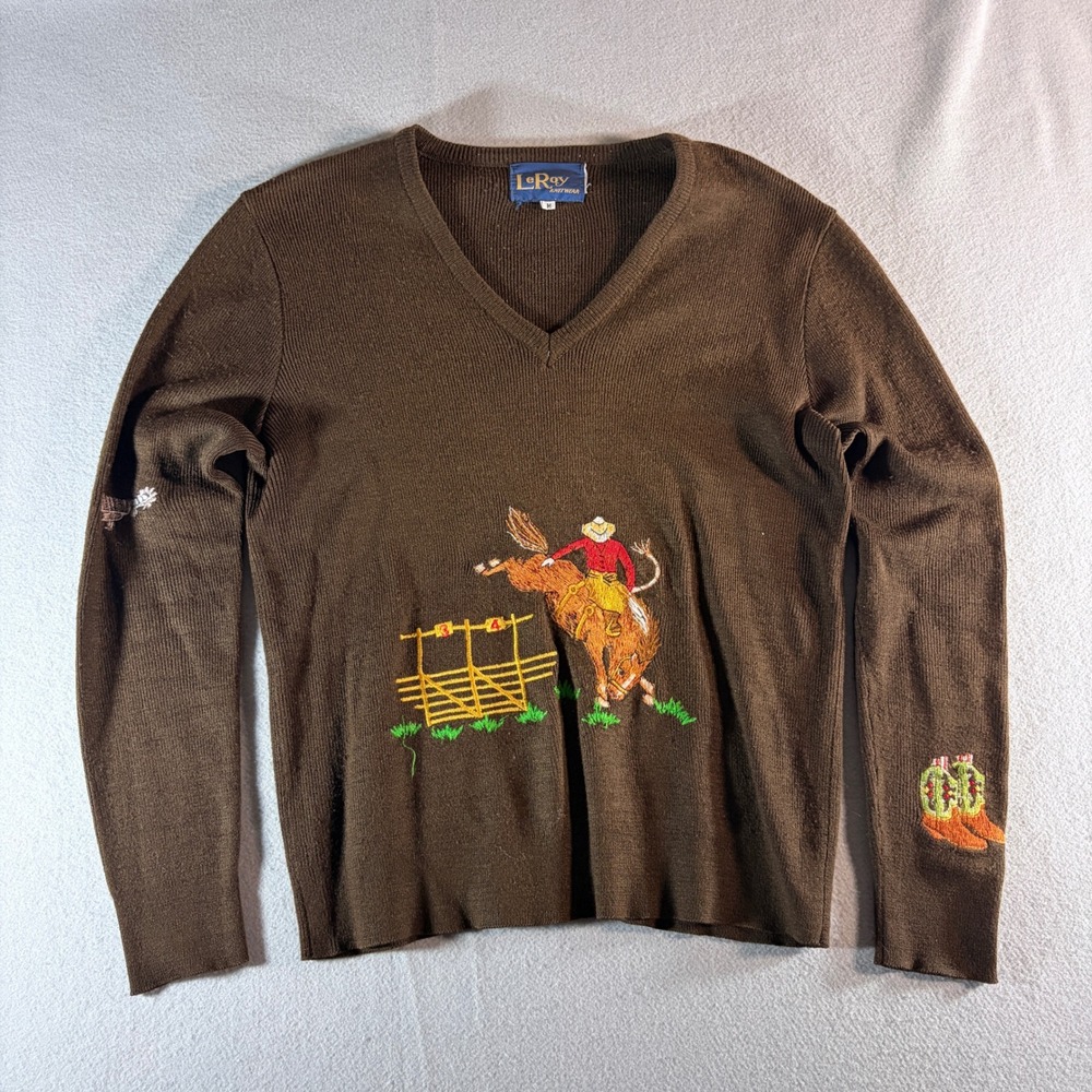 Vintage LeRoy Knitwear Brown V-Neck Western Rodeo Embroidered Sweater Men Medium